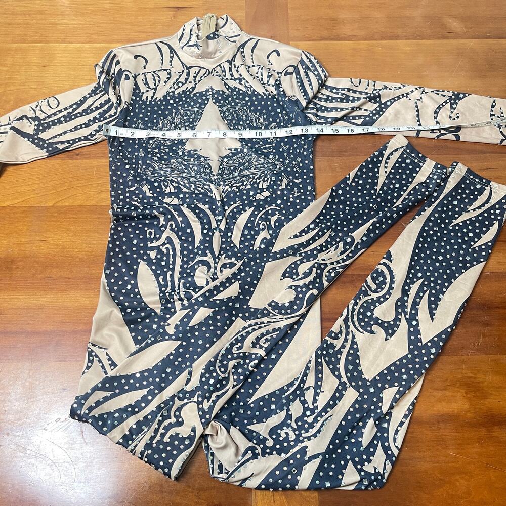 BANJUL Rhinestone Bodysuit Catsuit Nude Black Tribal Print Stretch Jumpsuit - Picture 12 of 15